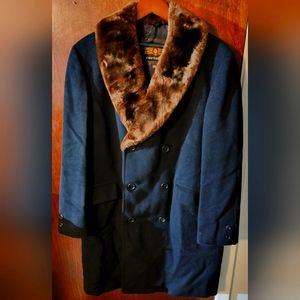 Vintage: Cortefiel Mens Wool Coat with Faux Fur Collar, Lined, Size 40